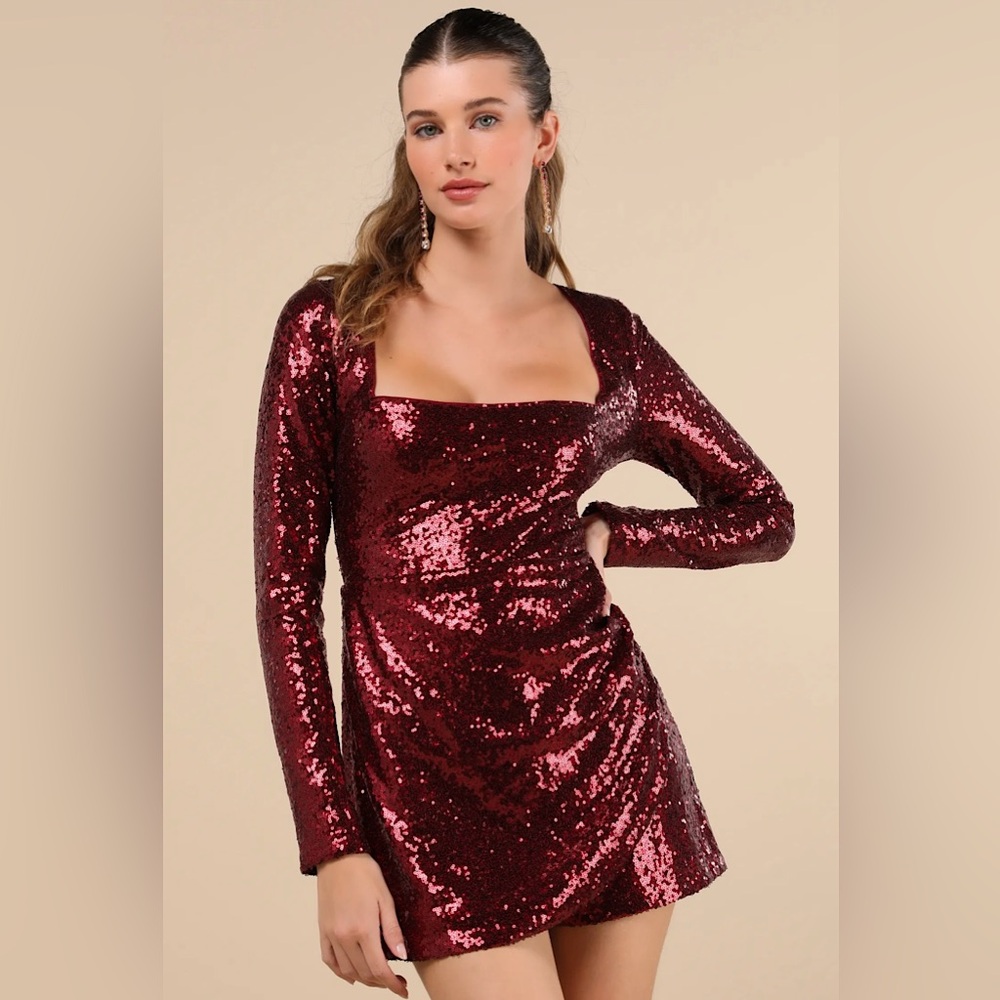 Marvelously Dazzling Burgundy Sequin Long Sleeve
Skort Romper